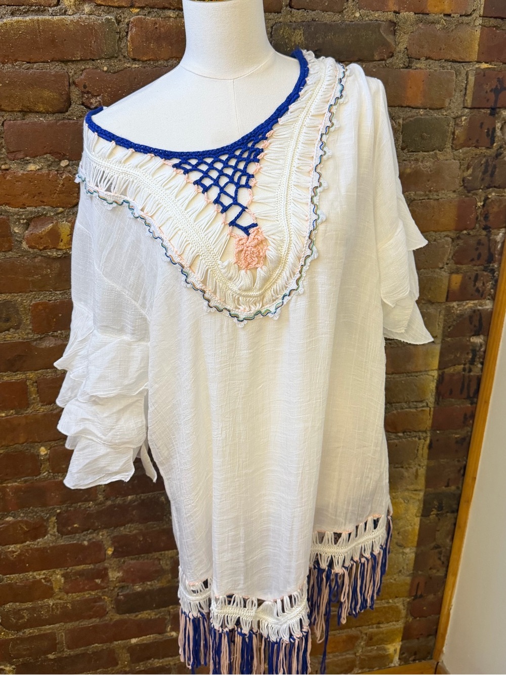 Women's White Crochet Trim Tunic Top Linen Cover Up Dress